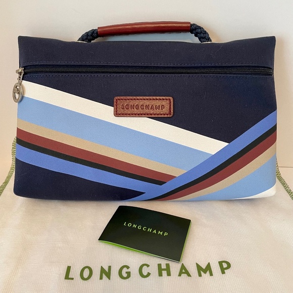 NEW Longchamp Canvas Clutch "Club" Blue- Made in France- Hand Bag - Picture 1 of 12